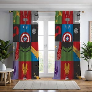 May include: A pair of patterned window curtains with a superhero theme. The design features a grid of superhero symbols, including Captain America's shield and Iron Man's mask. The curtains are made of a light-blocking fabric and add a decorative touch to a room.