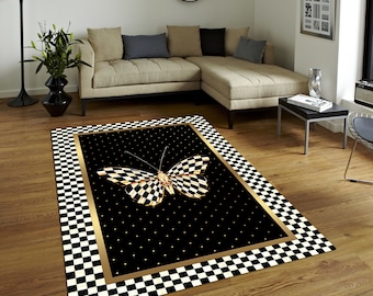 Butterfly Area Rug, Checkerboard Rug, Black and White Rug, Living Room Rug, Gold Framed Floor Art, Machine Washable Carpet Rug, Modern Rug.