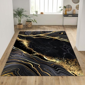 Marble & Gold Glitter Rug: Modern Living Room Decor, Non-Slip