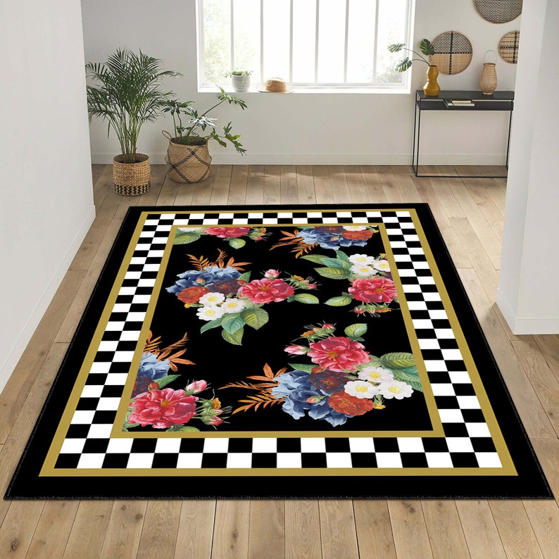 Floral Area Rug, Black Checkers Border, Non-slip Cotton Backing - Etsy
