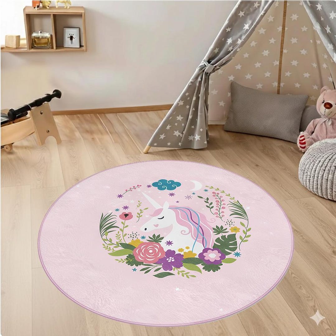 Fairy Rug Round Unicorn Floral Themed Room Round Rug , Magical Horse Blossom Circle ...