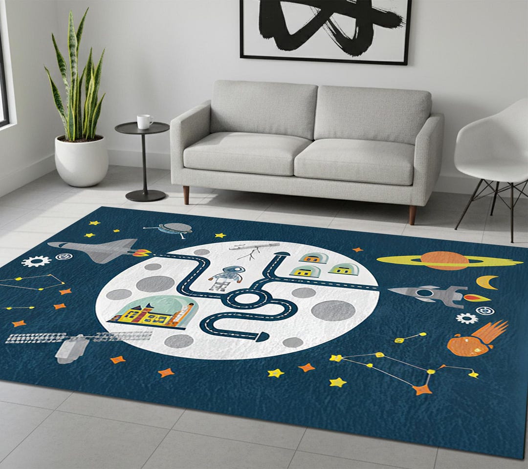 Adventure Themed Rug , Rocket Galaxy Planets Pattern Mat, Children's ...