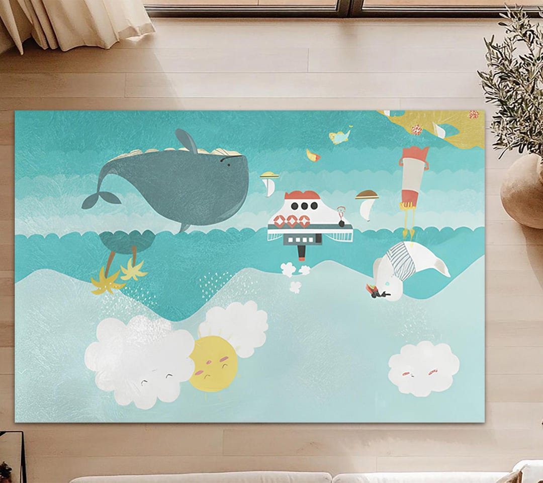Cartoon Ocean Rug, Kids Nursery, Teal Nautical Carpet - Etsy