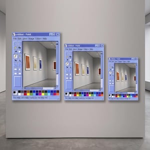 Può includere: Tre opere d'arte incorniciate su un muro, ciascuna che appare come una finestra di Windows Paint. Le finestre sono azzurre con una barra degli strumenti e una tavolozza dei colori. Il testo "untitled - Paint" è visibile in alto.