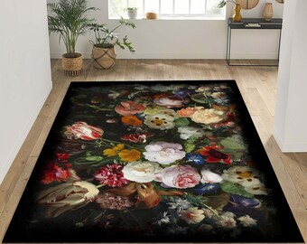 Gothic Area Rug,Floral Runner, Flowers Rug, Damask Non Slip Carpet, Rose Dark Floor Art, Machine Washable Carpet, Living Room Rug,Rose Rug
