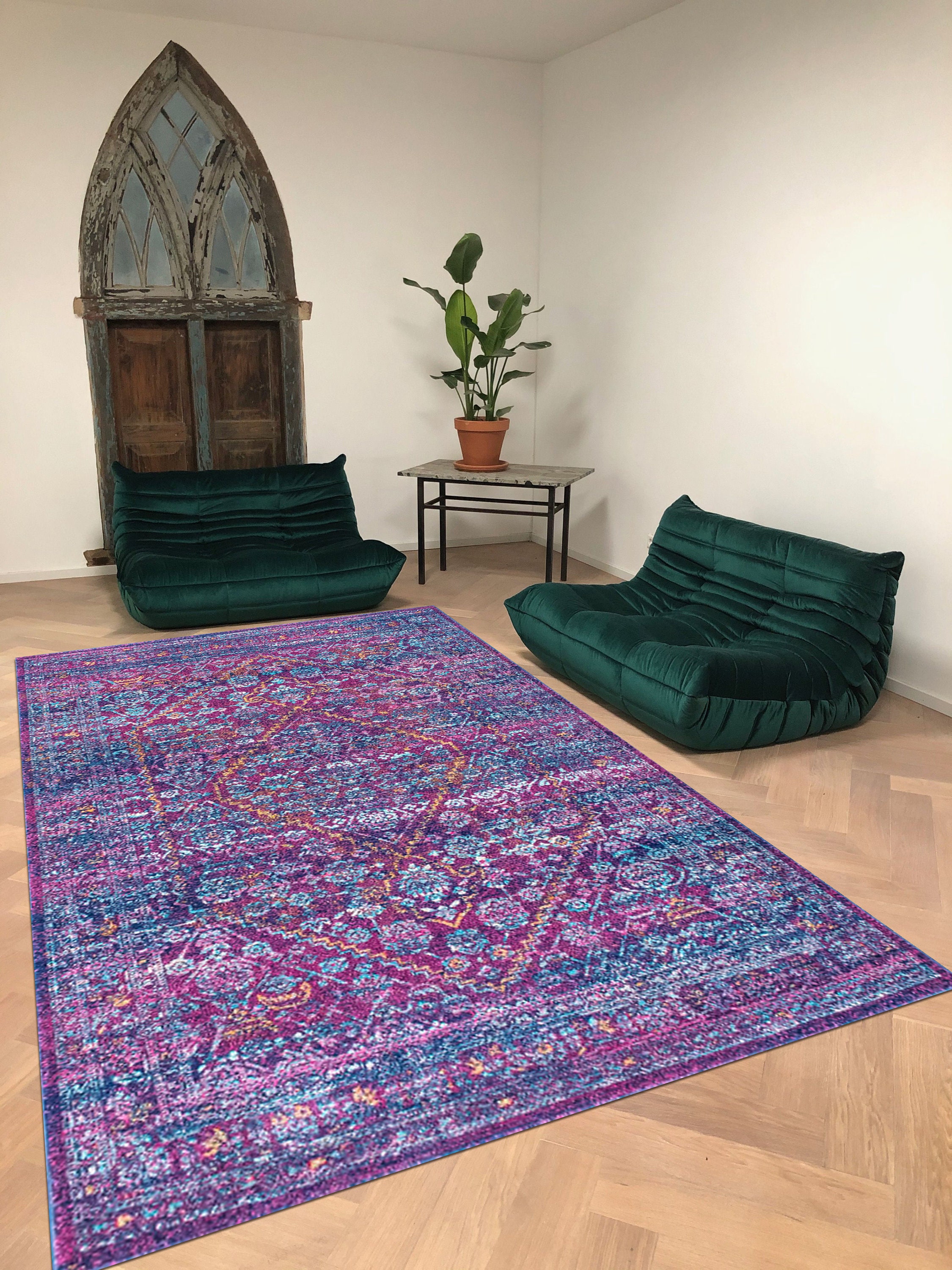 パープルラグ、タンブルドルックカーペット、ヴィンテージデザインラグ