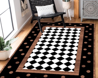Black and White Rug,Checkerboard Rug, Living Room Rug, Framed Area Rug, Checkered Non Slip Carpet, Polka Dot Floor Art, Modern Rug,