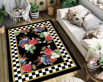 Floral Area Rug, Living Room Rug, Black Checkers Runner, Chequered Non Slip Carpet, Blossom Floor Art, Gold Border, Flowers Rug, Area Rug