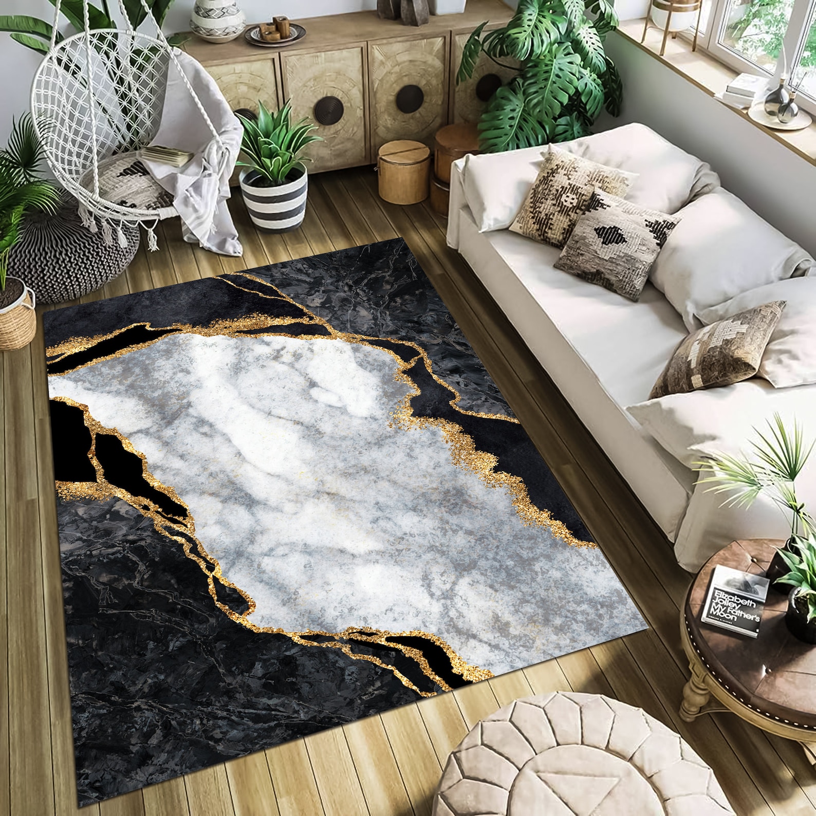 Marble Style Rug Black and White Marble Rug With Gold Accent, Non-slip Modern Area Rug ...