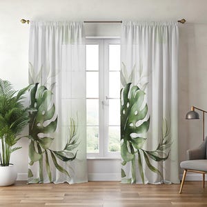Tropical Leaf Curtains, Watercolor Botanical Window Drapes, Green Plant Pattern Decor, Modern Farmhouse Bedroom Art, Nature Theme Drapes