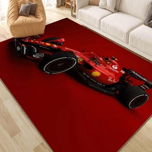 F1 Racing Car Rug: Red Sports Car Theme, Non-Slip