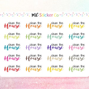May include: A sheet of 16 colorful stickers with the text "clean the house" repeated on each sticker. The stickers are in various colors, including red, orange, yellow, green, blue, purple, pink, and brown.