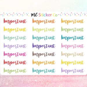 Puede incluir: Una hoja de pegatinas de colores con la palabra "Importante" escrita en letra manuscrita. Las pegatinas son de varios colores, incluyendo rojo, naranja, amarillo, verde, azul, morado, rosa y marrón.