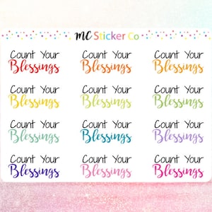 May include: A sheet of stickers featuring the phrase "Count Your Blessings" in a variety of colours. The stickers are arranged in a grid pattern, with the words in a handwritten font. The brand name "mc Sticker Co" is visible at the top.