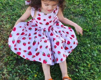 Strawberry Print Baby Dress, 100% Cotton, Adjustable Tie Straps