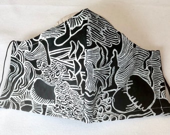 Block Printed Mushroom Face Mask - Double Layer with Filter Pocket and Nose Band