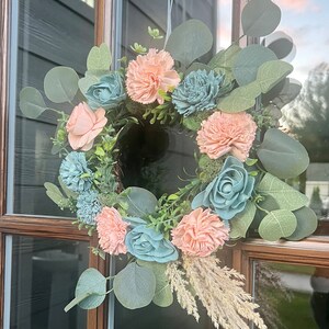 Eucalyptus Sola Wood Flower Wreath, Peach and Blue Decor