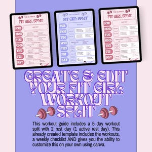 May include: A digital printable workout guide for women with a pink and purple color scheme. The guide includes a 5-day workout split with 2 rest days, a weekly checklist, and the text "The Ultimate Fit Girl Split".