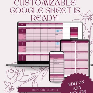 Könnte beinhalten: Eine anpassbare Google Sheet-Vorlage für die Meal Prep mit einem rosa-weißen Farbschema. Die Tabelle enthält Abschnitte für die Verfolgung von Mahlzeiten, Kalorien, Makros und Einkaufslisten. Der Text "OUR MEAL PREP CUSTOMIZABLE GOOGLE SHEET IS READY!" wird oben im Bild angezeigt. Der Text "BUSY BABE CO. BY LJ" wird unten im Bild angezeigt. Der Text "EDIT ON ANY DEVICE!" wird in einem Kreis unten rechts im Bild angezeigt.