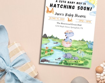 Dinosaur Baby Shower Invitation: Hatching Soon, Canva Template (Digital)