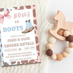 Lazos o botas: ¿Vaquera o vaquera? / Invitación para revelar el género / Tema del oeste de Evite / Plantilla digital personalizada de Canva
