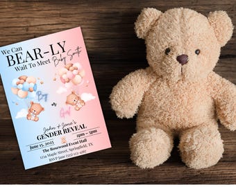Teddy Bear Gender Reveal Invitation: Pink & Blue Canva Template (Digital)