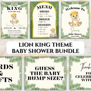 Lion King Baby Shower Bundle – A Little King Is On the Way | 17 Editable Canva Templates | Invitation, Signs, Labels & More