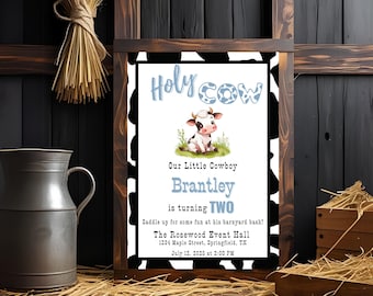 Blue Cow Birthday Invitation: Farm Theme, Editable Canva Template (Digital Download)