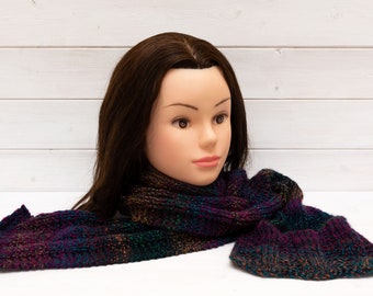 Dark blue scarf with multicoloured stripes - Long soft knitted scarf - Winter clothing gift - Warm, easy care