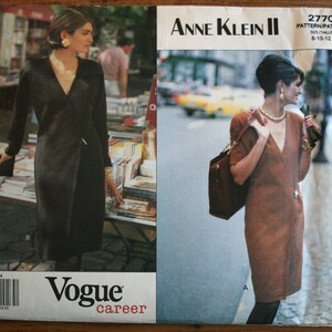 May include: A vintage sewing pattern for a dress by Anne Klein II. The pattern is for sizes 8-10-12. The pattern is for a wrap dress with a V-neckline. The pattern is from Vogue Career.