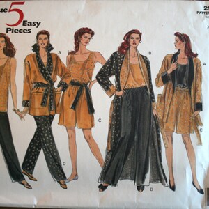 May include: A sewing pattern for five easy pieces of clothing. The pattern includes a top, pants, shorts, and a robe. The pattern is for sizes XS-SM.