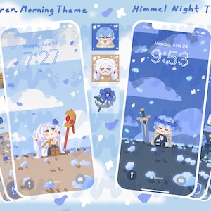May include: Two phone screen mockups with different themes. The first phone has a blue sky background with white clouds and the text "Freiren Morning Theme" and "Monday, June 24 7:27". The second phone has a blue night sky background with white stars and the text "Himmel Night Theme" and "Monday, June 24 9:53".