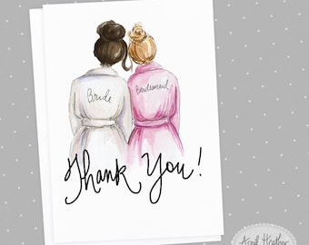 Thank you! Bridesmaid Card: PDF Dark Brunette Bride and Dark Blonde Bridesmaid, Thank you card PDF printable card