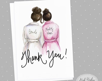 Thank you Bridesmaid PDF | Dark Brunette Bun Bride and Dark Brunette Bun Maid of Honor| Thank you card | PDF printable card
