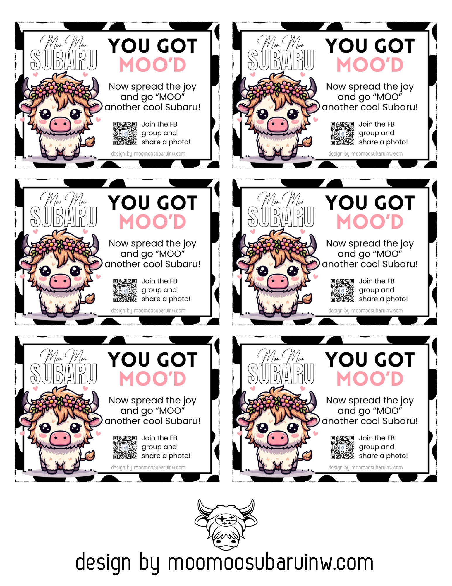 Moo Moo Subaru - Highland Cute Cow Downloadable Info *single Sided - Etsy