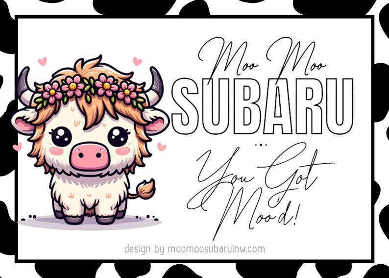 Moo Moo Subaru - Highland With Flowers Downloadable Info Cards - Etsy