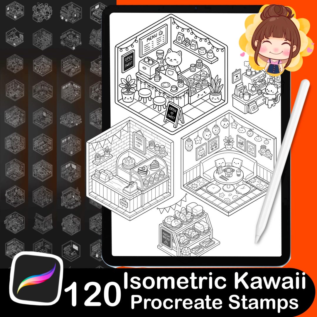 120 Isometric Kawaii Cafe Procreate Stamps | Planner, Sticker Brushes ...