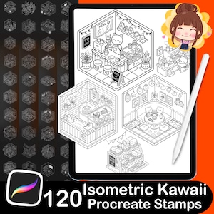 Puede incluir: Ilustración digital en una tableta con escenas de café kawaii isométricas. La imagen incluye un gato barista, pasteles y el texto "120 Isometric Kawaii Procreate Stamps". Un lápiz óptico está al lado de la tableta.