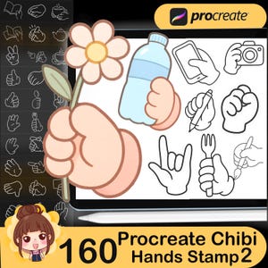 May include: Digital art stamps for Procreate with 160 chibi hand illustrations. The image shows a hand holding a flower, a water bottle, and various hand gestures. The Procreate logo is visible.