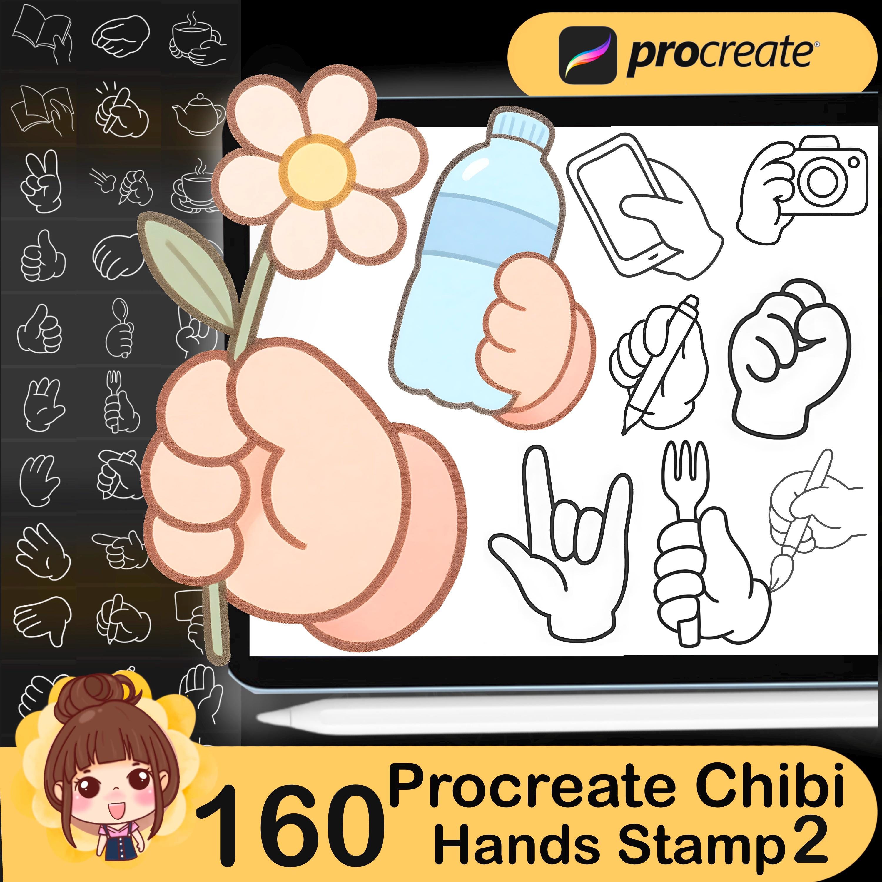 160 sellos de manos chibi para Procreate Set 2 – Guías kawaii de manos manga para personajes chibi