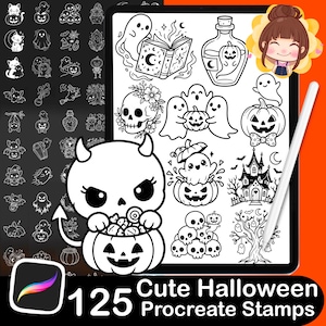 May include: A digital collection of 125 Halloween-themed Procreate stamps featuring black and white line art illustrations of ghosts, pumpkins, skulls, a haunted house, and a devil character holding a pumpkin filled with candy, displayed on a tablet.