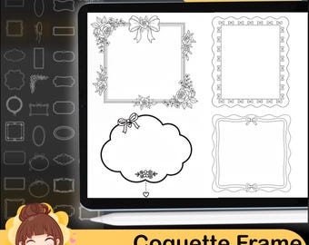 Può includere: Un display di arte digitale mostra vari design di cornici, tra cui opzioni floreali e decorate con fiocchi. Lo schermo mostra la parola "procreate" e il testo "Coquette Frame 220+ Procreate Stamps". Le cornici sono in bianco e nero.
