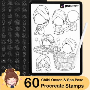 60 Chibi Onsen Pose Stamps for Procreate | Spa & Bath Poses (Digital Download)