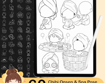 60 Chibi Onsen Pose Stamps for Procreate | Spa & Bath Poses (Digital Download)