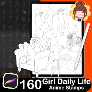 Puede incluir: Una colección digital de 160 sellos de arte lineal estilo anime con varias poses de la vida diaria. Las ilustraciones muestran figuras sentadas en un sillón, montando en bicicleta, durmiendo en un sofá y sosteniendo objetos como un vestido y zapatos.
