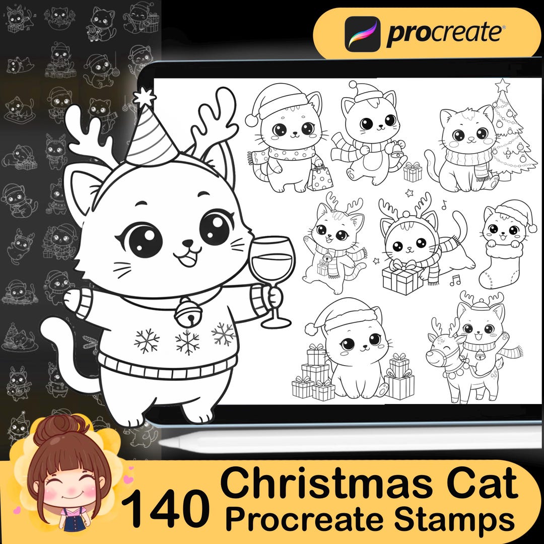 140 Procreate Cute Christmas Cat Stamp Brushes | Procreate Kawaii Cats ...