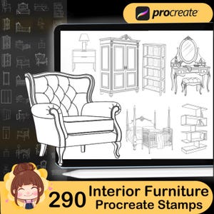 May include: Digital illustration of various interior furniture designs, including a tufted armchair, wardrobe, and vanity. The image is a Procreate stamp set with the text "290 Interior Furniture Procreate Stamps".