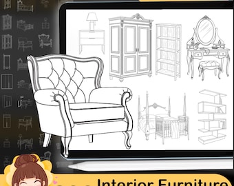 290 Procreate Interior Furniture Stamp Brushes: Home Design Sketches (Digital download)