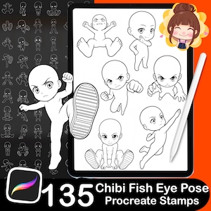 May include: A digital tablet screen displaying multiple black and white line art chibi character poses with fish-eye lens perspectives, accompanied by a white stylus, with the text 135 Chibi Fish Eye Pose Procreate Stamps visible.