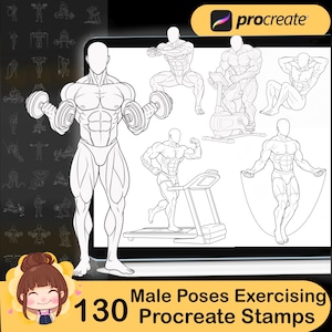 May include: Digital art set of male figure poses exercising, including weightlifting, jumping rope, and using a treadmill. The image is a Procreate stamp set with 130 stamps. The figures are in a line art style.